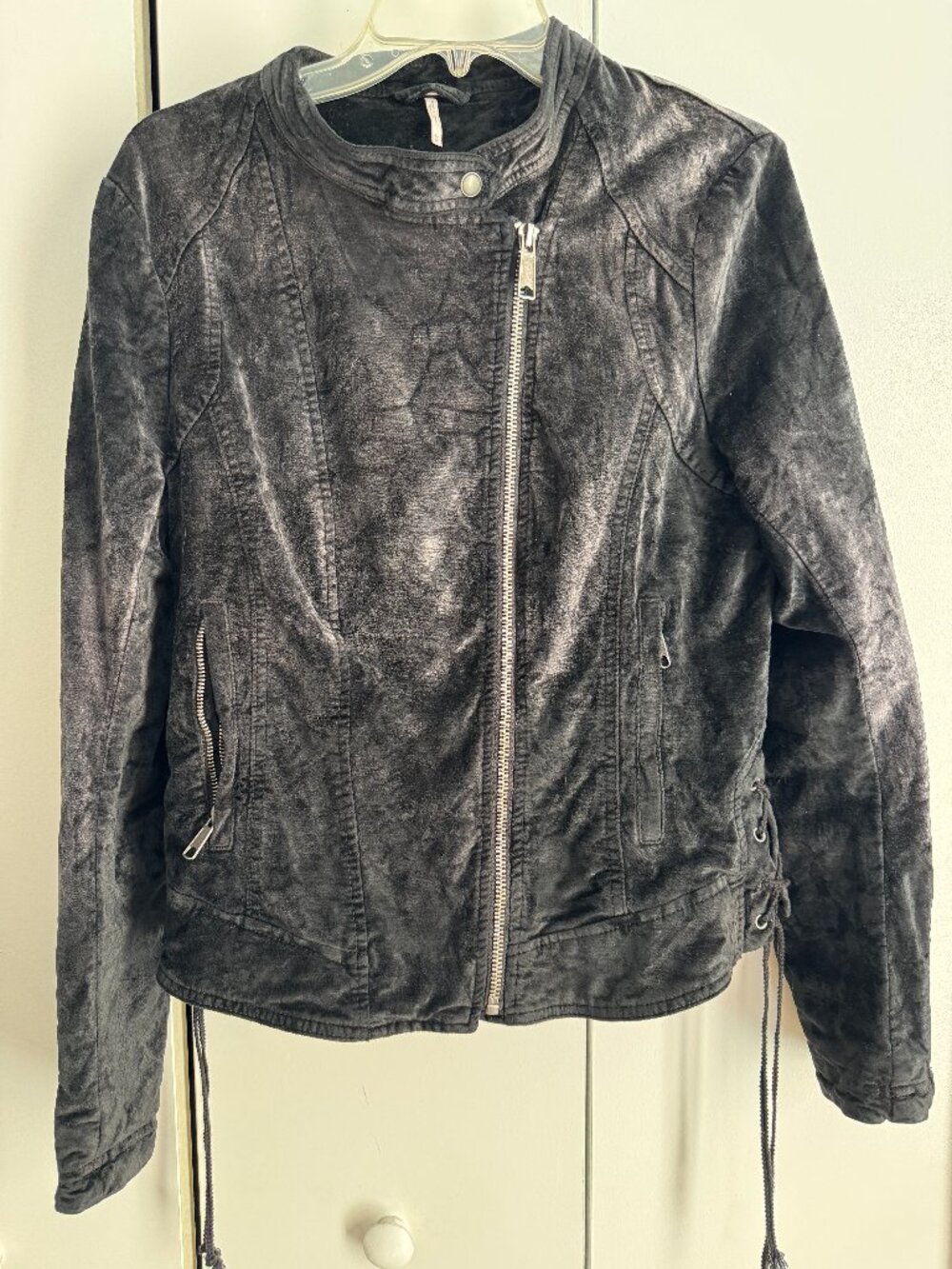 Free People Black Velvet Lace-Up Moto Jacket Women's Biker Jacket Medium